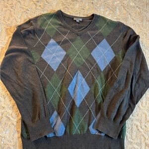 GAP Men's Gap V-Neck Argyle Sweater - Gray, Green, and Blue XL